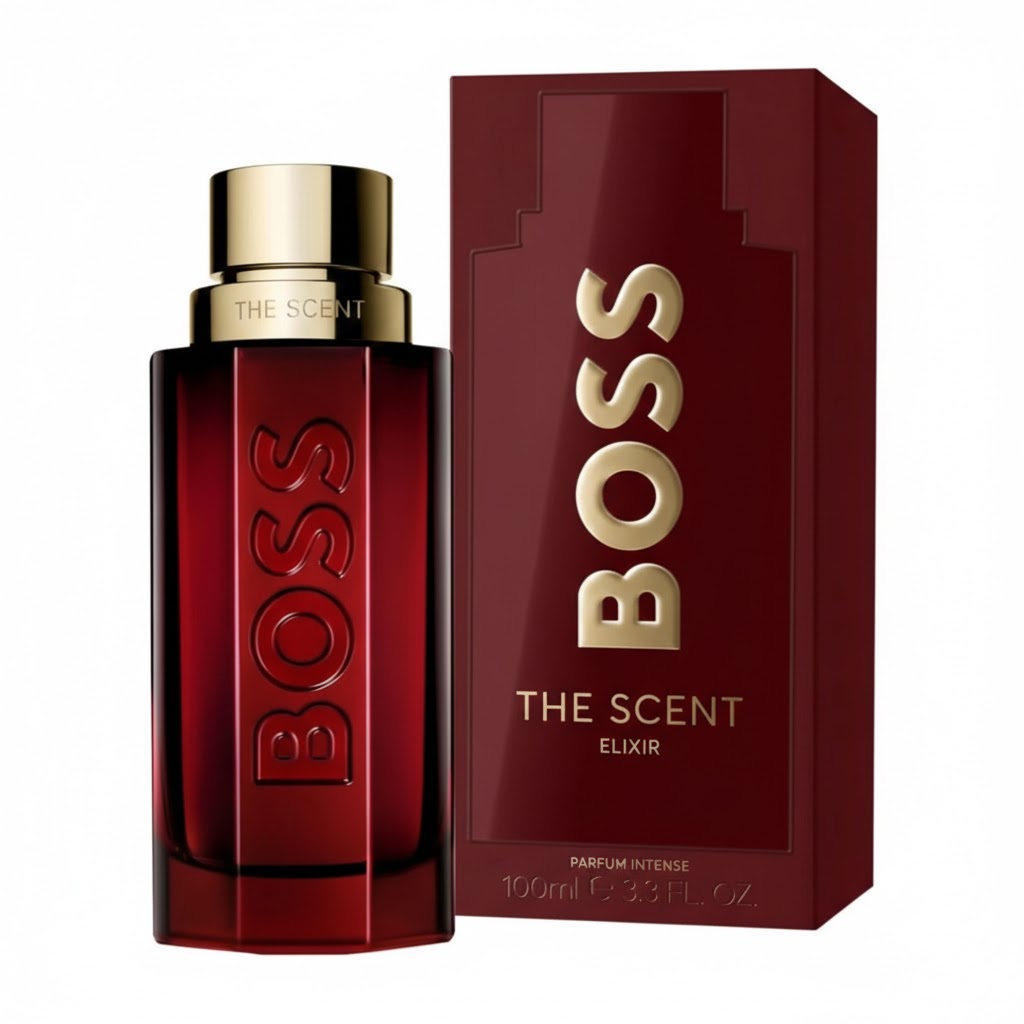 BOSS The Scent Elixir for Him 100ml Parfum Intense bottle and luxury red packaging on a white background.