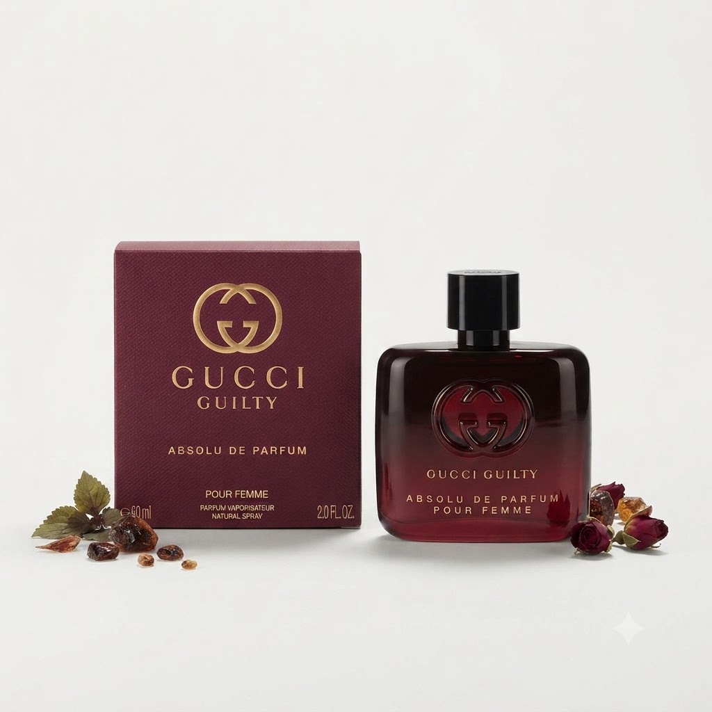 عطر قوتشي قيلتي ابسولو بور فم 60 مل مع مكونات عطرية على خلفية بيضاء