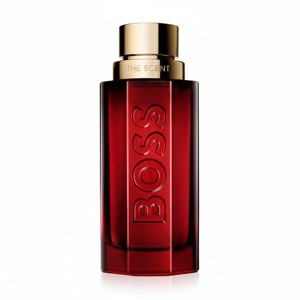 BOSS The Scent Elixir for Him 100ml Parfum Intense bottle and luxury red packaging on a white background.