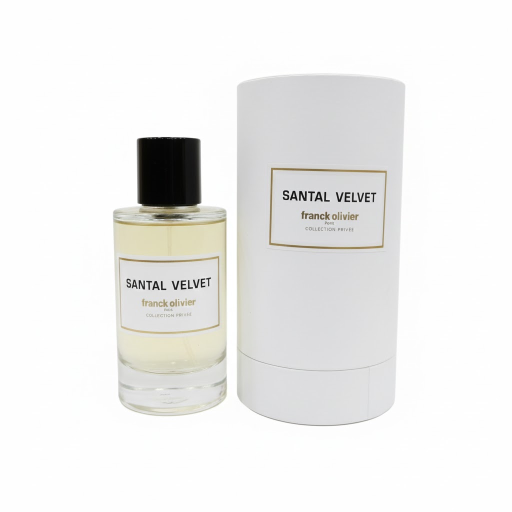 Franck Olivier Santal Velvet Eau de Parfum 100ml bottle and white box on a white background.