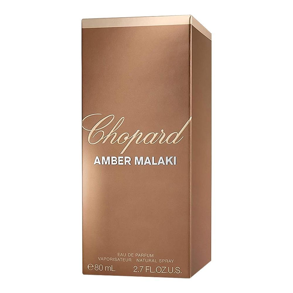Chopard Amber Malaki Eau De Parfum 80ml bottle and packaging box, premium unisex luxury fragrance available at Perfumes Garden