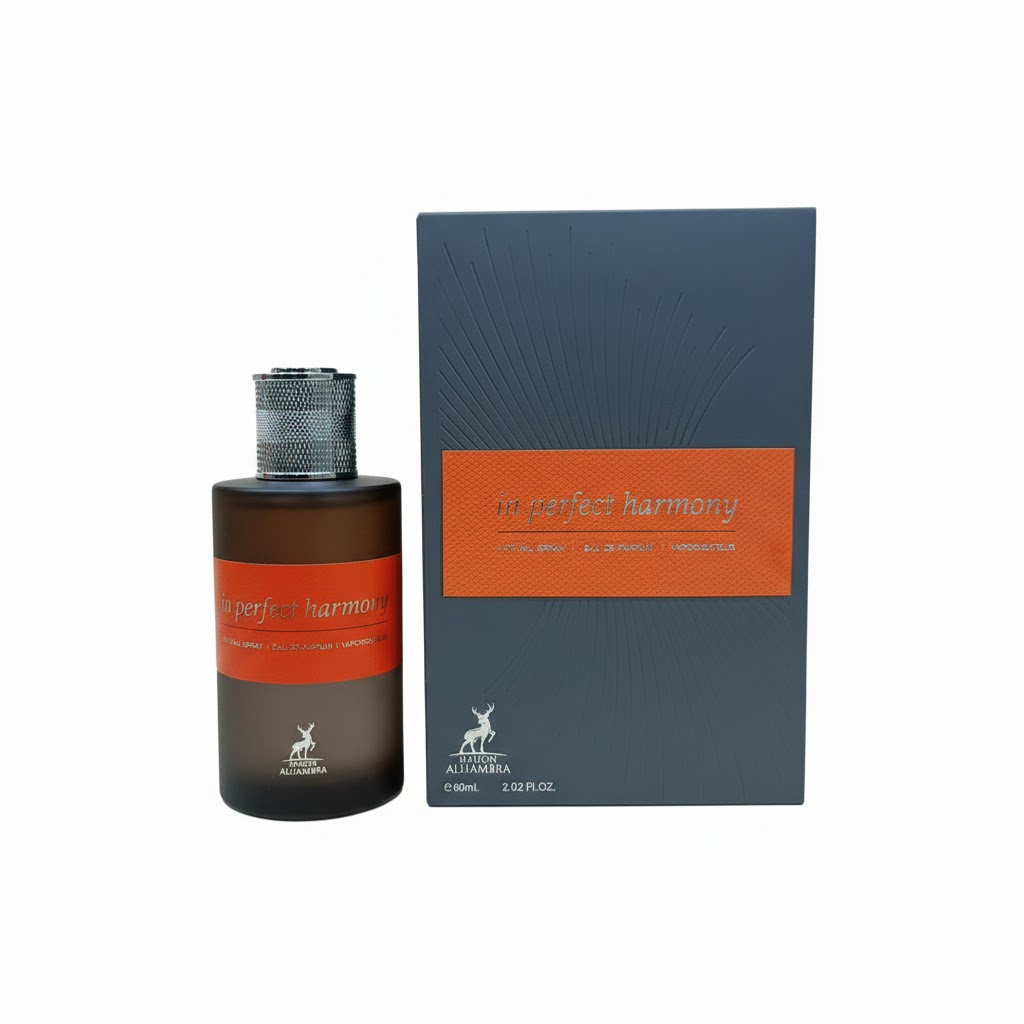 In Perfect Harmony by Maison Alhambra, a luxury unisex Eau de Parfum, 60ml bottle with elegant white and gold packaging.