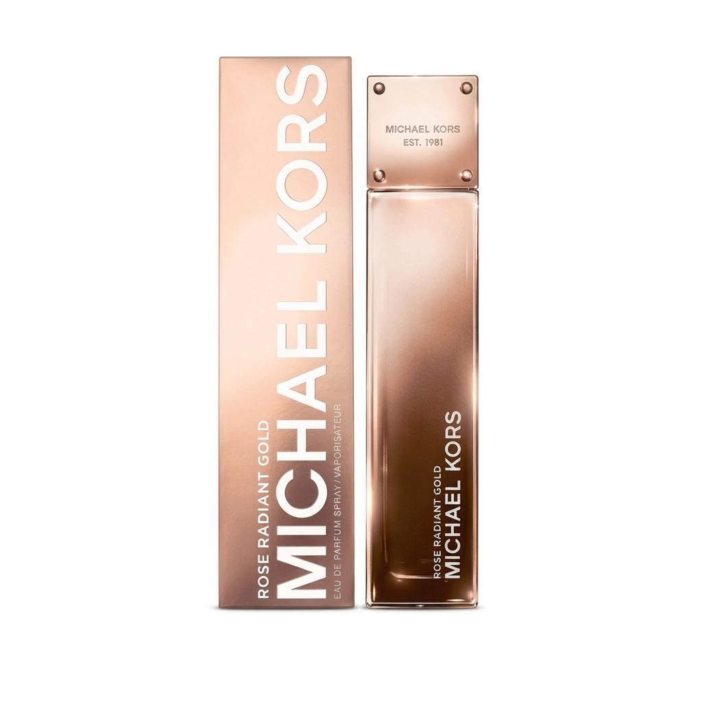 Michael Kors Rose Radiant Gold Eau De Parfum 100ml bottle and packaging box on a seamless white background.