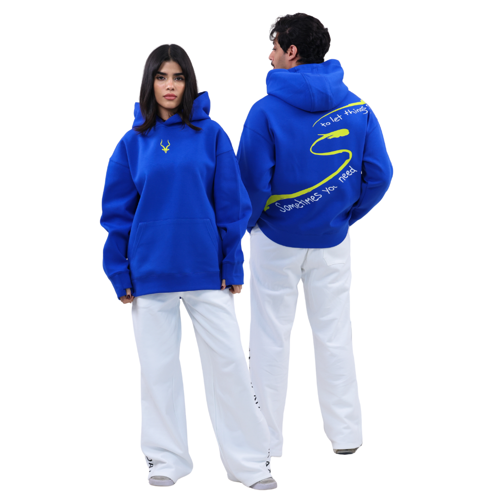 هودي ADDAX  هودي أزرق ملكي  Flow hoodie  هودي برسمة خلفية  هودي ملهم  street luxury hoodie  هودي للجنسين  premium hoodie  ADDAX hoodie  هودي ستريت ستايل