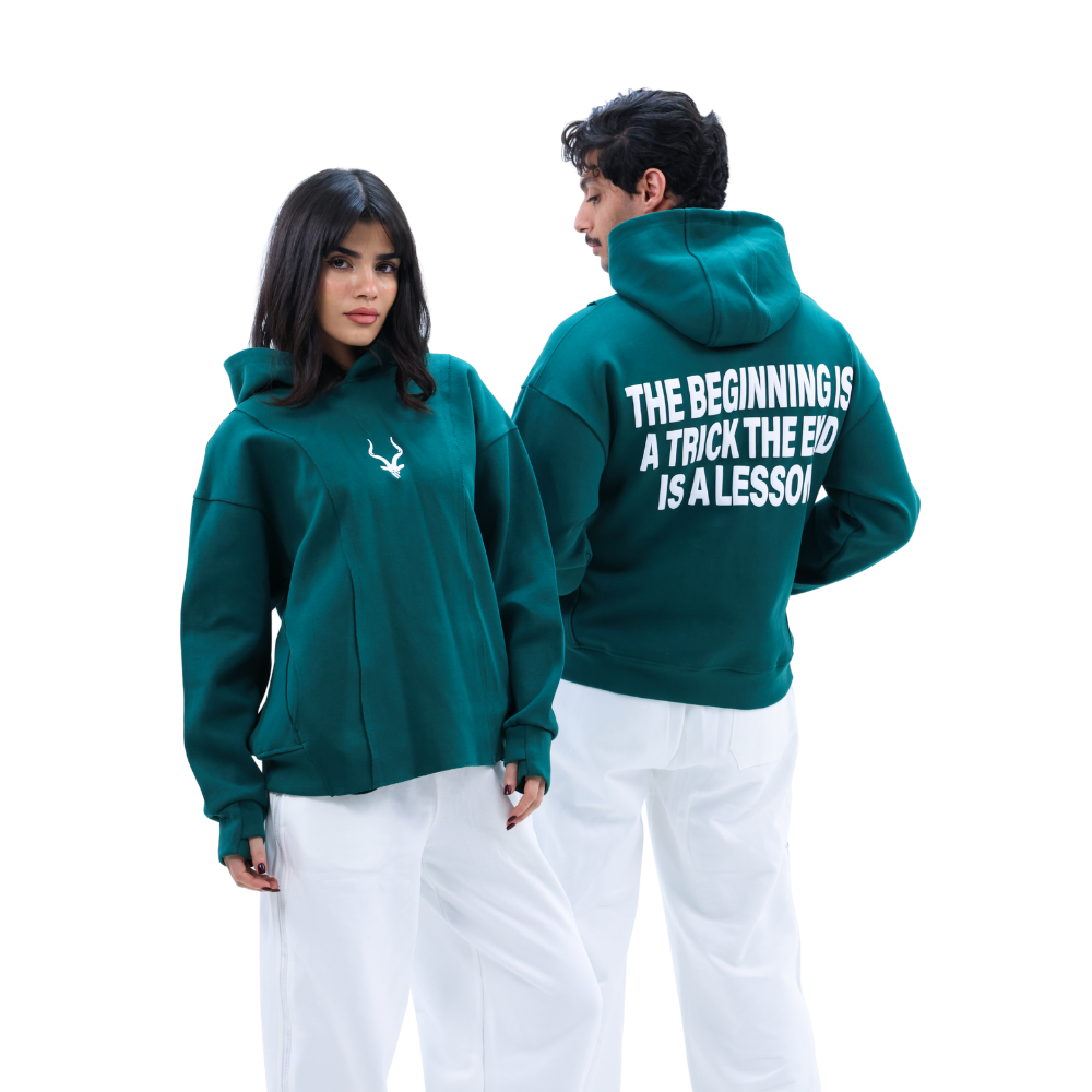 هودي ADDAX  هودي Emerald  هودي فاخر  هودي بقصّة أمامية  هودي برسالة خلفية  premium hoodie  emerald hoodie  هودي أخضر داكن  هودي للجنسين  street luxury hoodie