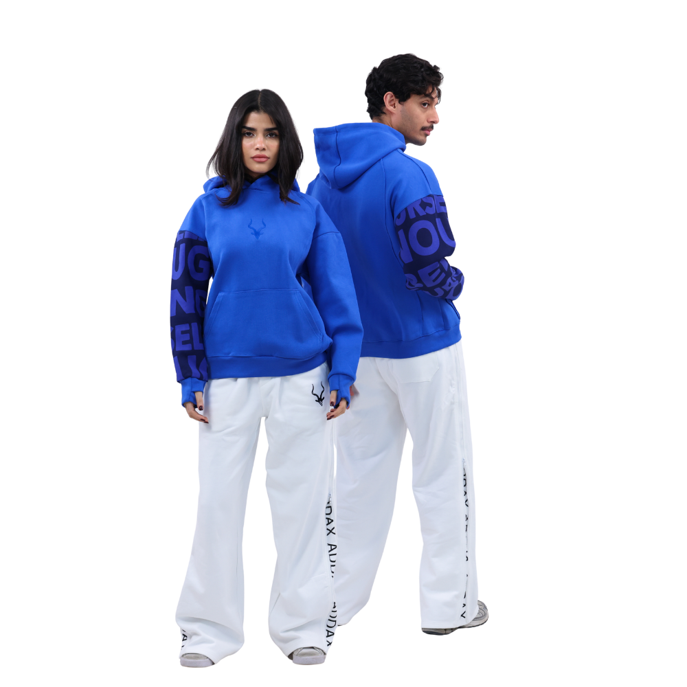 هودي ADDAX  هودي Royal Sleeve  هودي أزرق ملكي  هودي بكم مطبوع  premium hoodie  unique sleeve hoodie  هودي أوفرسايز  هودي للجنسين  street luxury hoodie  blue signature hoodie
