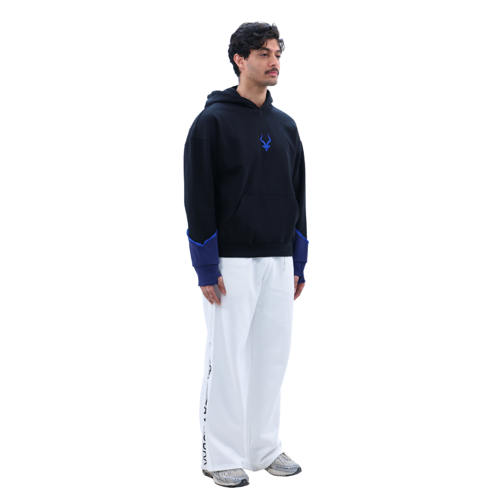 هودي ADDAX  FreeMind hoodie  هودي أسود فاخر  هودي بأكمام زرقاء  هودي هوية  luxury street hoodie  هودي للجنسين  هودي رسالة خلفية  black blue hoodie  premium hoodie