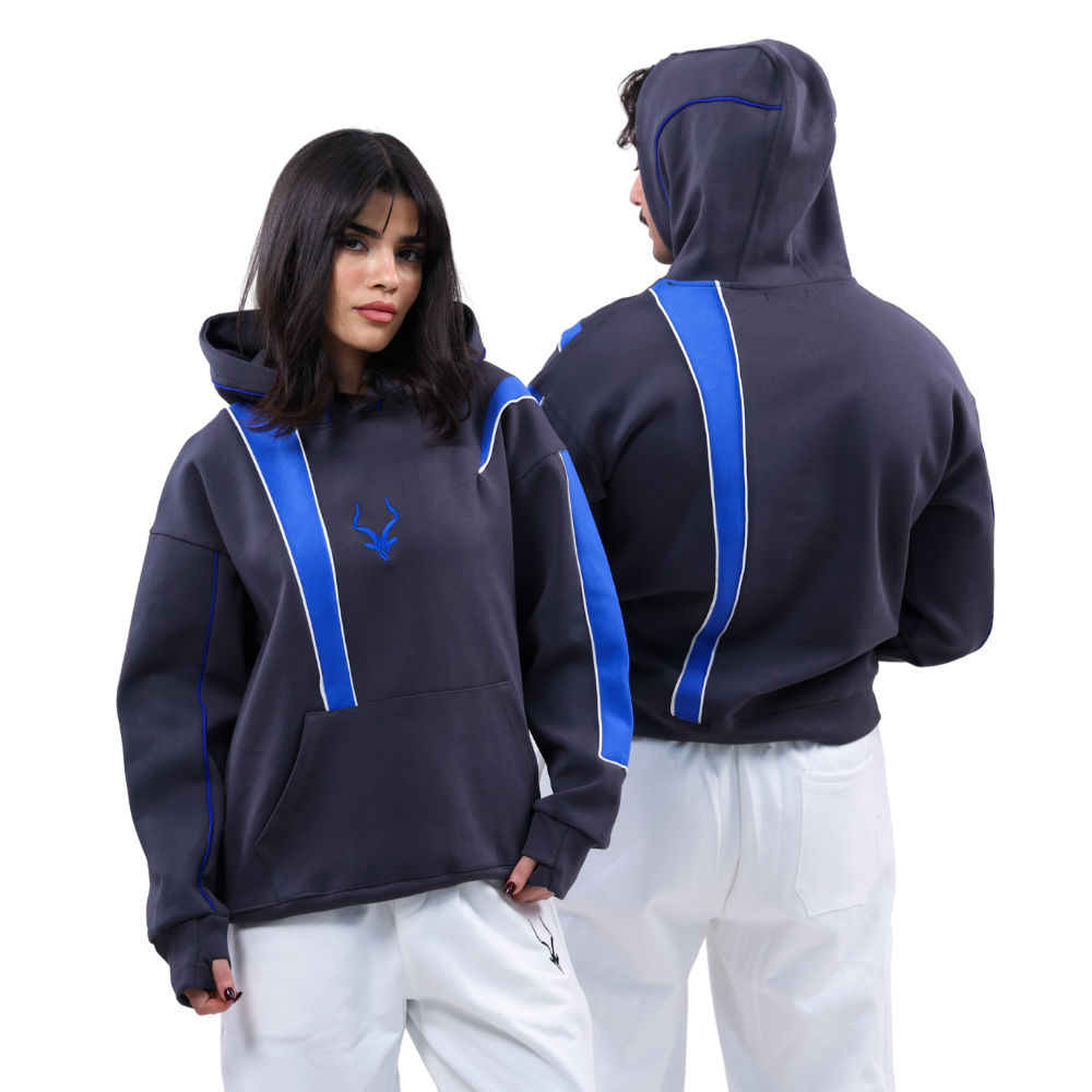 هودي فاخر  هودي ADDAX  هودي داكن  هودي بخطوط زرقاء  premium hoodie  luxury streetwear  هودي أوفرسايز  هودي للجنسين  dark blue lined hoodie  هودي عالي الجودة