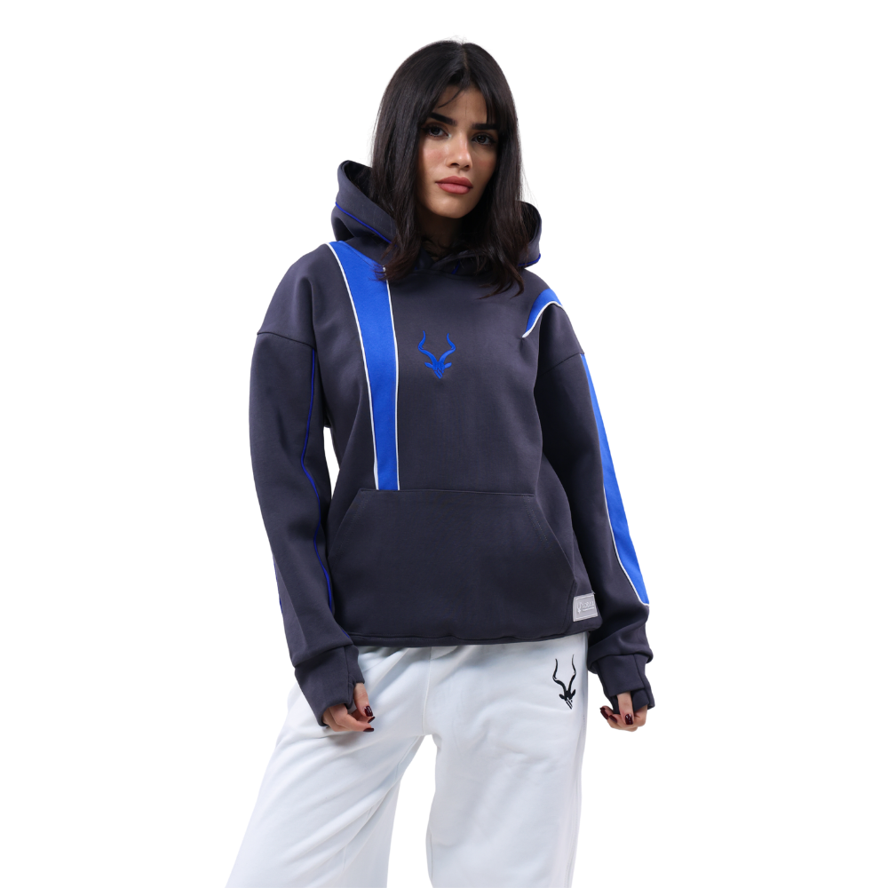 هودي فاخر  هودي ADDAX  هودي داكن  هودي بخطوط زرقاء  premium hoodie  luxury streetwear  هودي أوفرسايز  هودي للجنسين  dark blue lined hoodie  هودي عالي الجودة