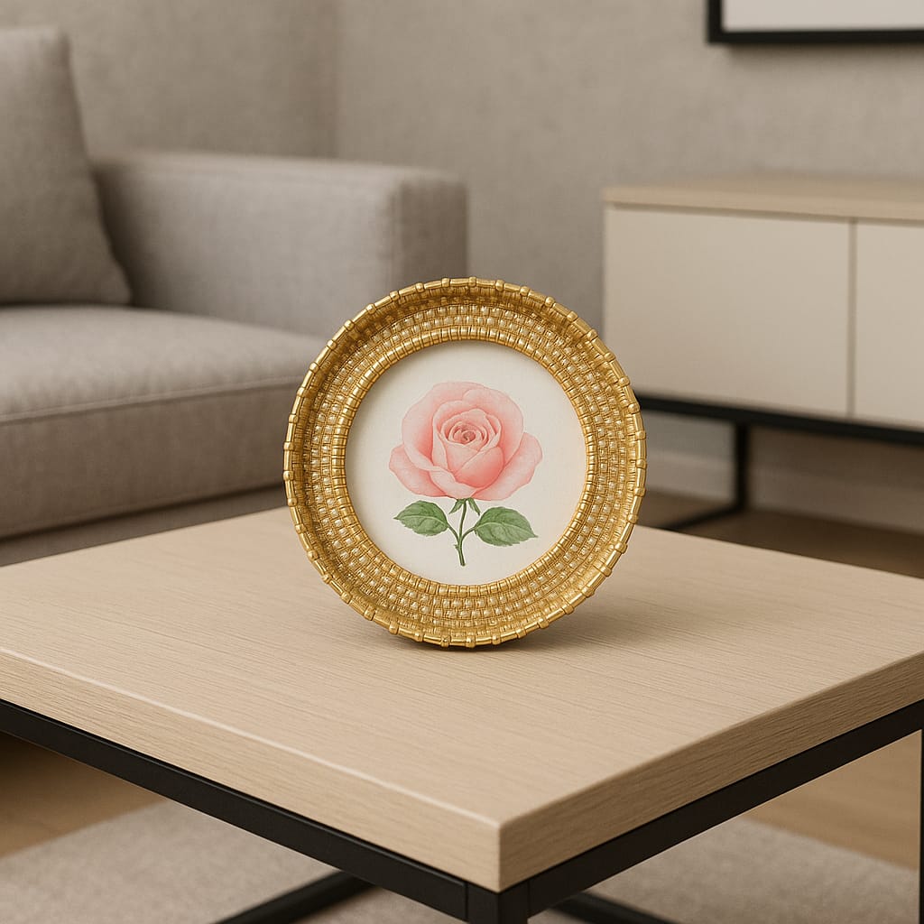 إطار صور دائري ذهبي مع تصميم وردة