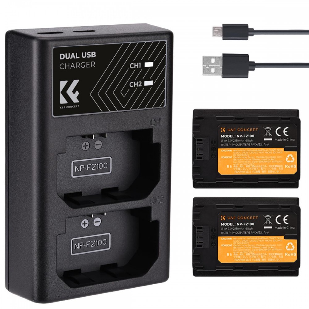 K&F Concept NP-FZ100 rechargeable battery 2pcs + charger kit compatible  with Sony