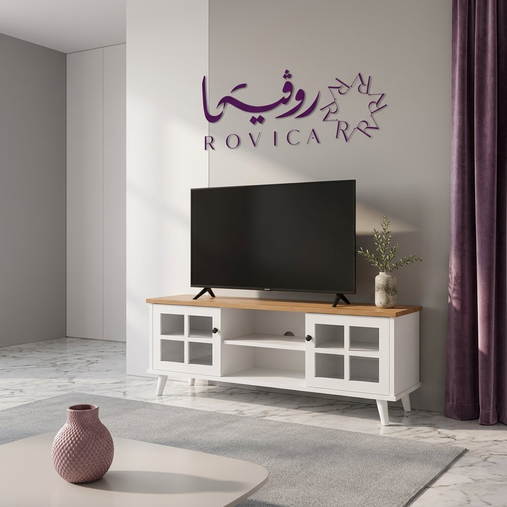 طاولة تلفزيون أبيض MDF في غرفة معيشة مودرن بإضاءة دافئة