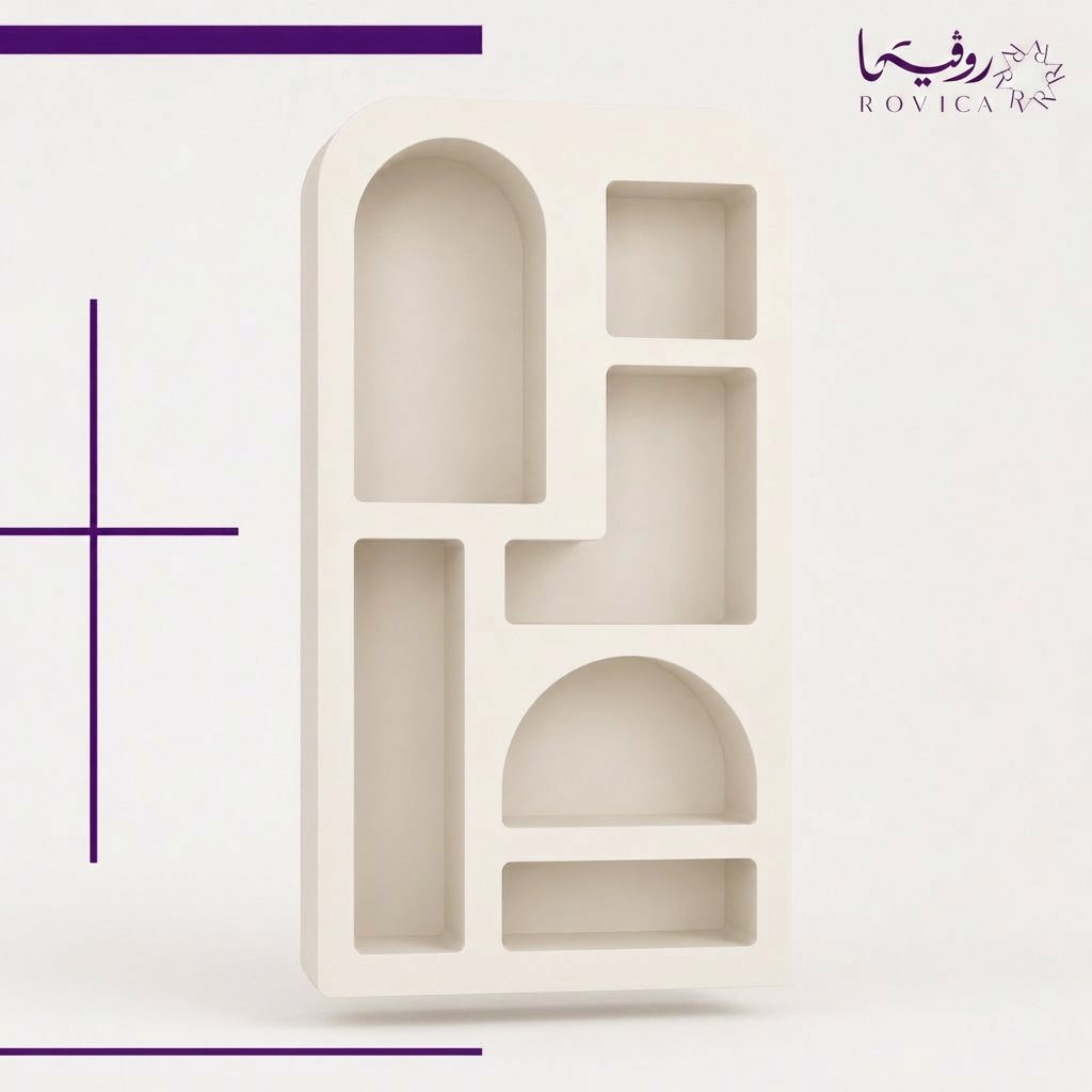 دولاب تحف أبيض مودرن من Rovica بتصميم هندسي وأرفف عرض متعددة.