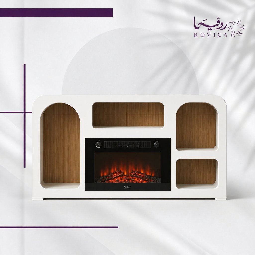 دفاية ديكور كهربائية بيضاء بتصميم خشبي عصري وأرفف عرض من Rovica