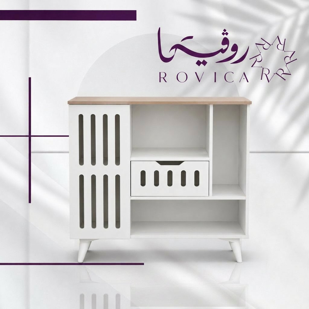 ركن قهوة أبيض من Rovica بسطح خشبي فاتح بتصميم أنيق مناسب للمنازل العصرية.
