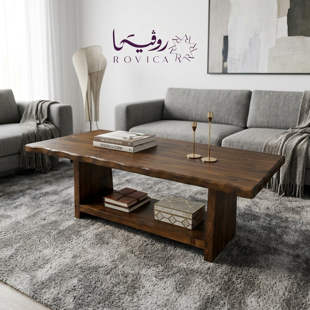 طاولة قهوة خشبية داخل غرفة معيشة عصرية