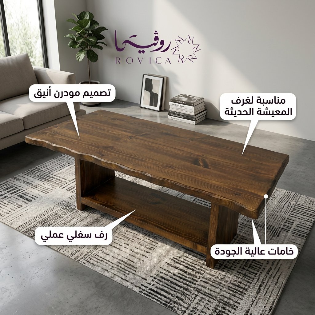 تفاصيل التشطيب الخشبي والرف السفلي لطاولة قهوة مودرن