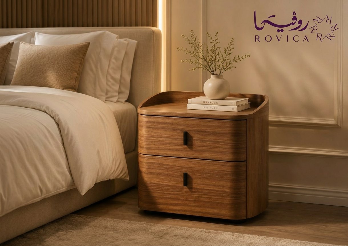 كومودينة جانبية من Rovica داخل غرفة نوم بإضاءة دافئة وديكور راقٍ.