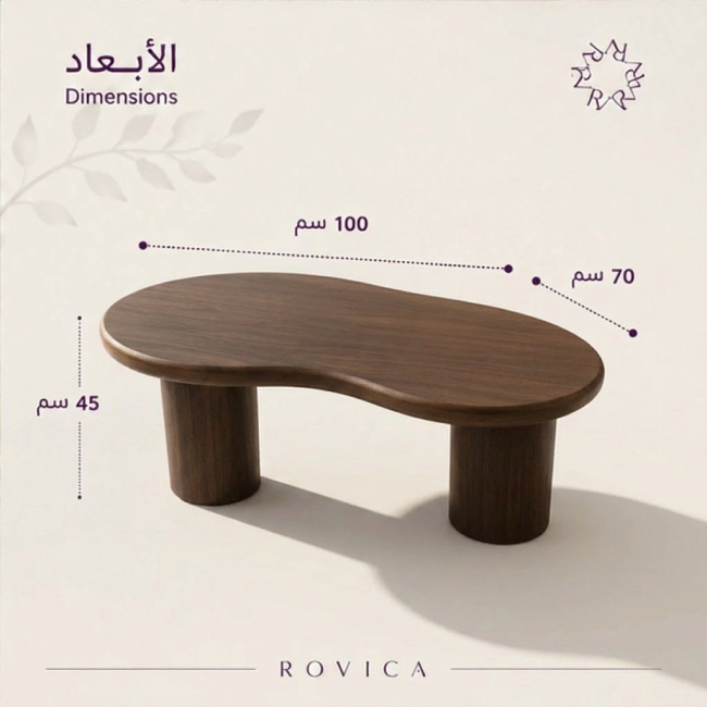 أبعاد طاولة قهوة خشبية بني من Rovica مقاس 100 في 70 وارتفاع 45 سم