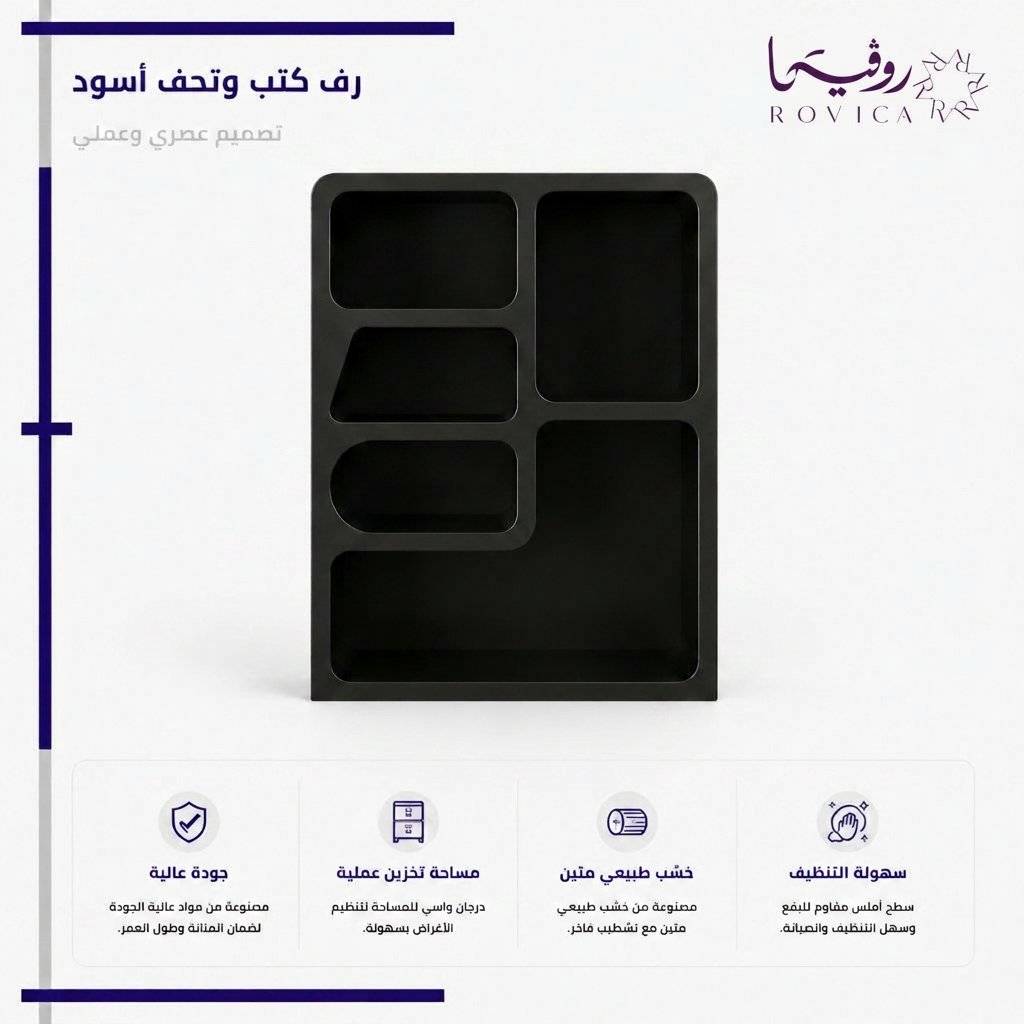 رف كتب أسود حديث من Rovica بتصميم هندسي عصري.