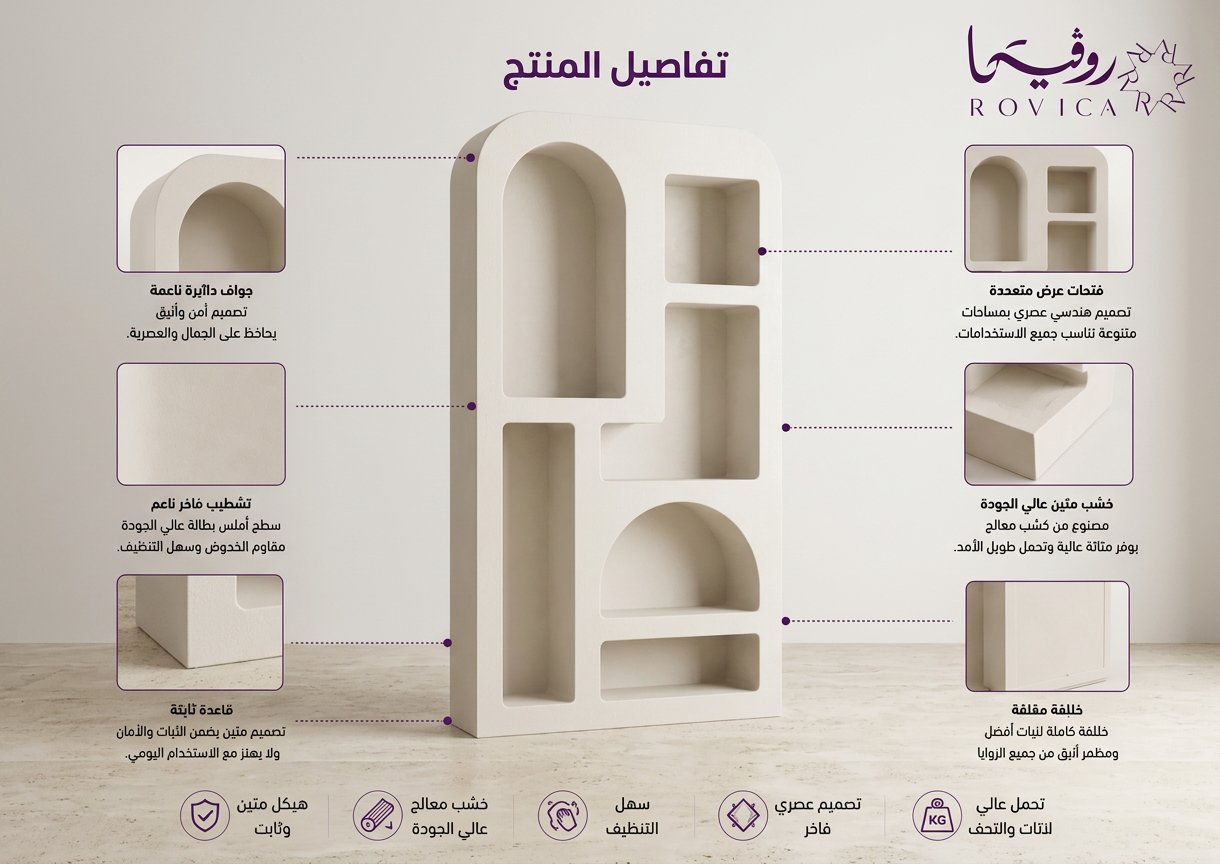 تفاصيل التصميم الهندسي والأرفف المفتوحة وجودة التشطيب.