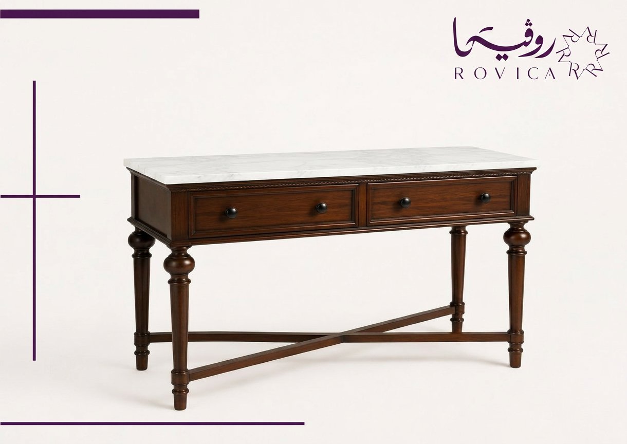 طاولة كونسول خشب كلاسيك بسطح رخام أبيض من Rovica بخلفية بيضاء.