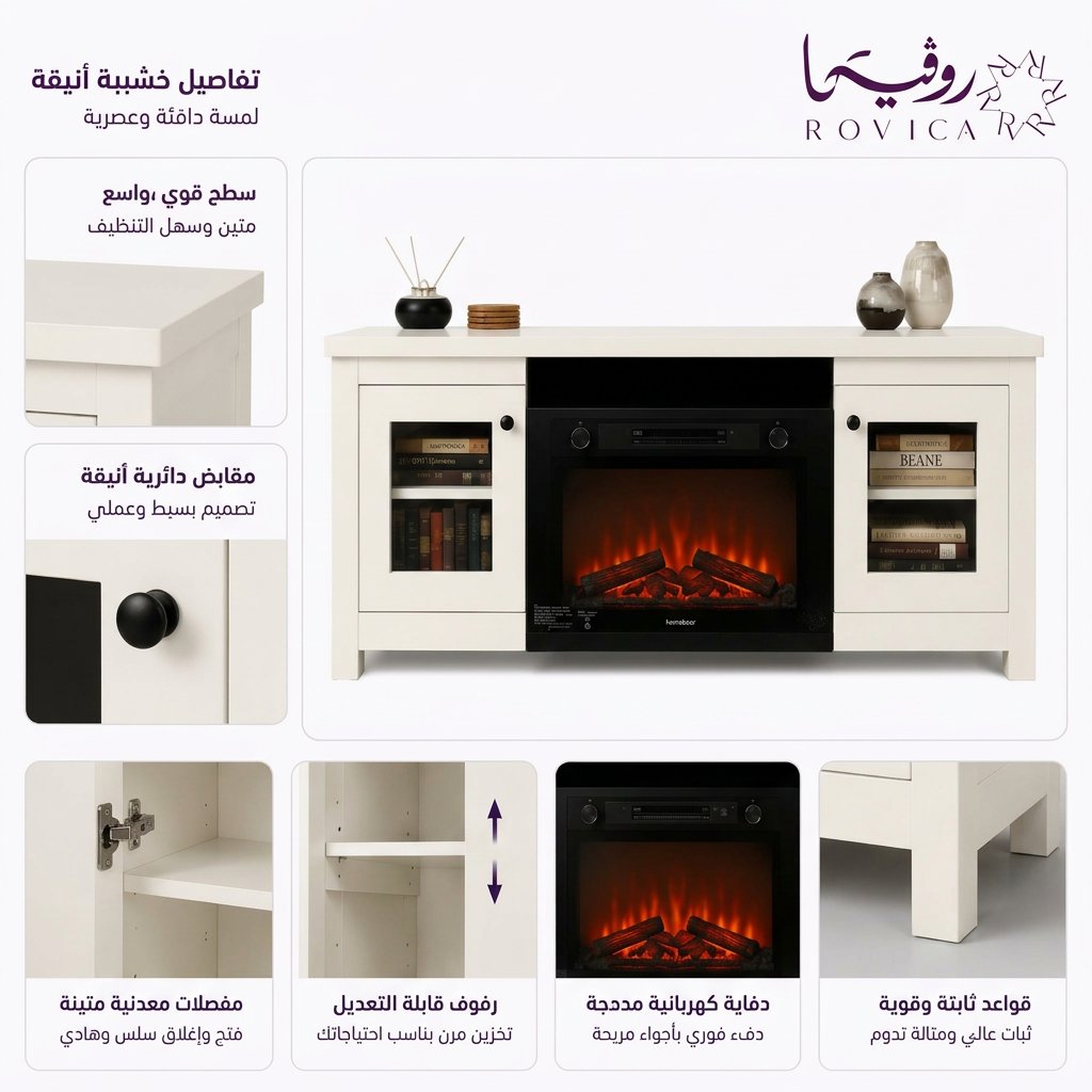 تفاصيل الأرفف الجانبية ووحدة الدفاية الكهربائية في تصميم Rovica