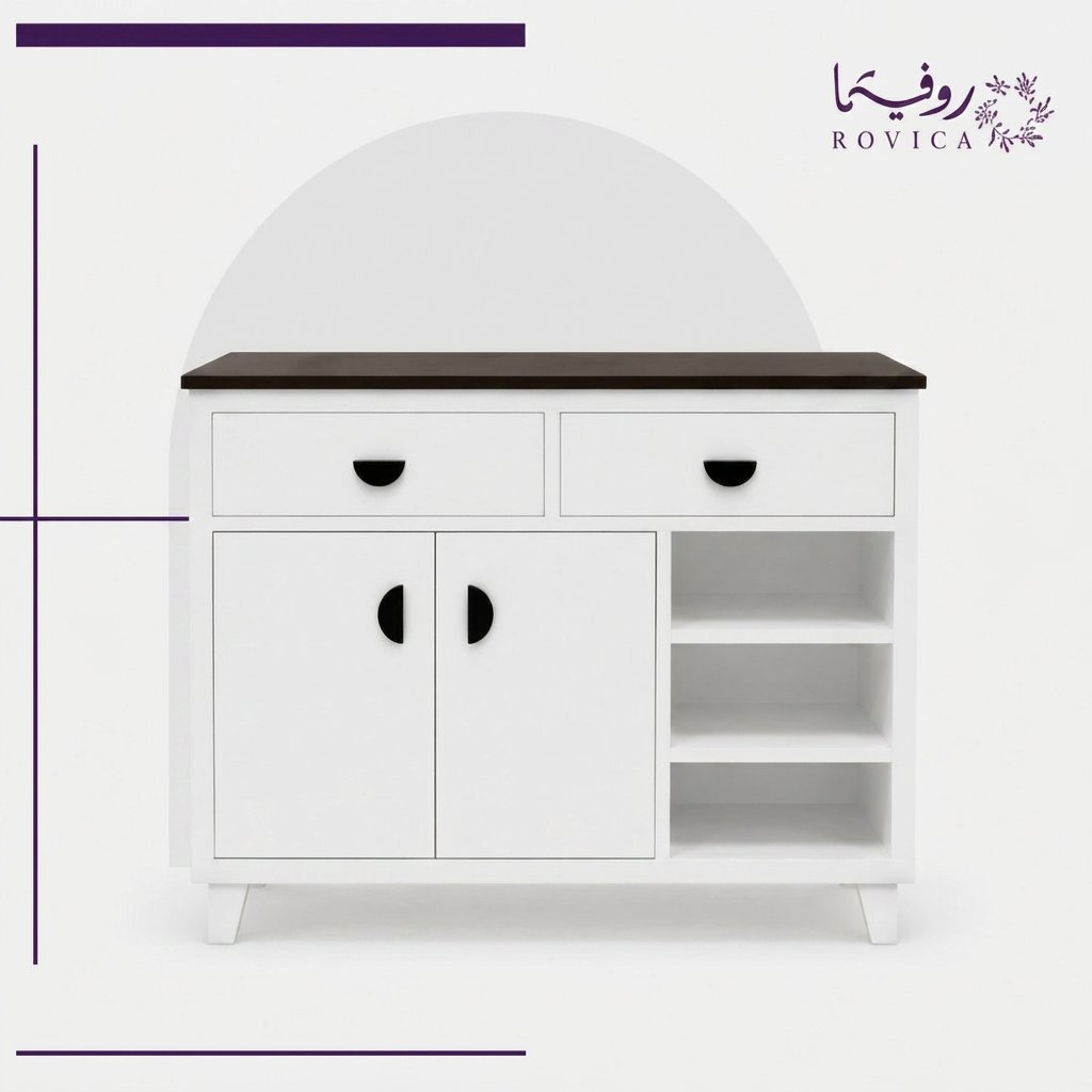 خزانة جانبية بيضاء بسطح خشبي أسود متعددة الاستخدام من Rovicaبخلفية بيضاء.