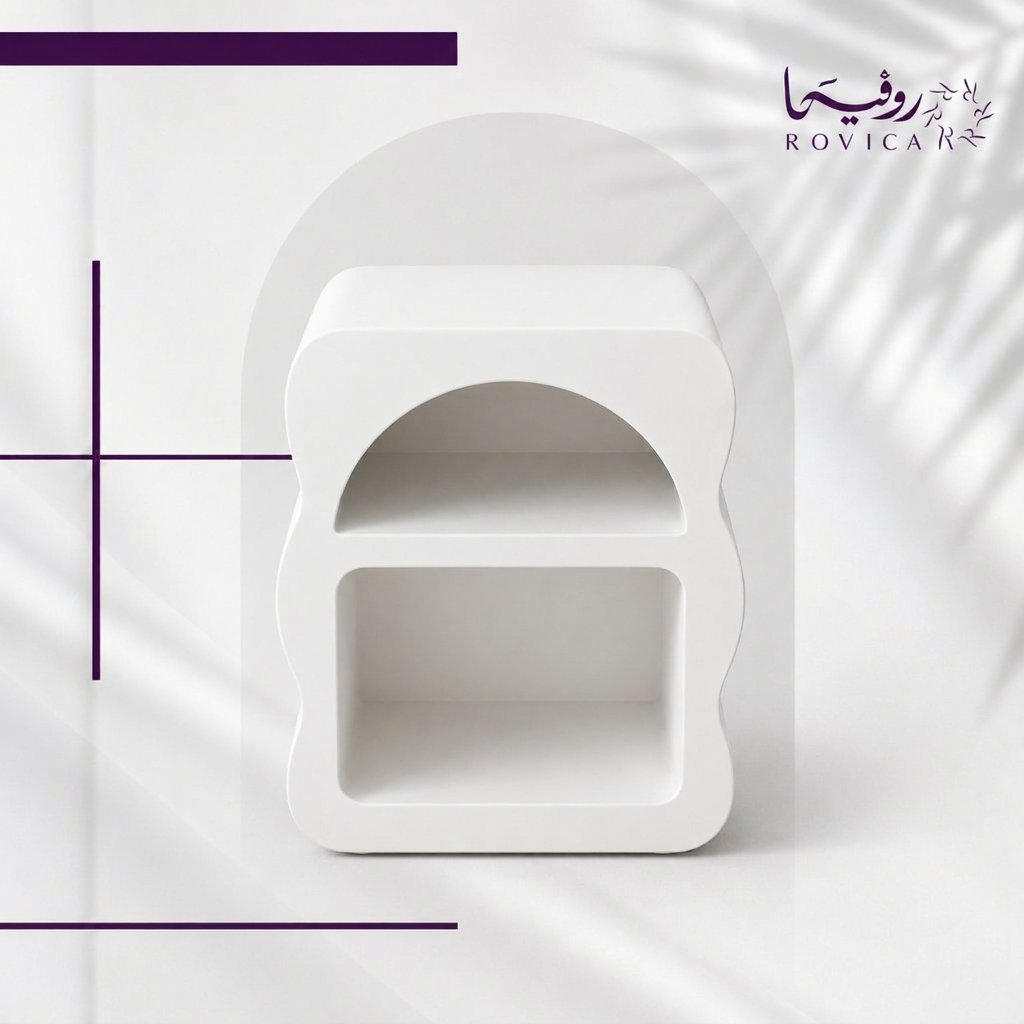 كمودينه خشبية جانبية بيضاء بتصميم منحني وأرفف مفتوحة من Rovica