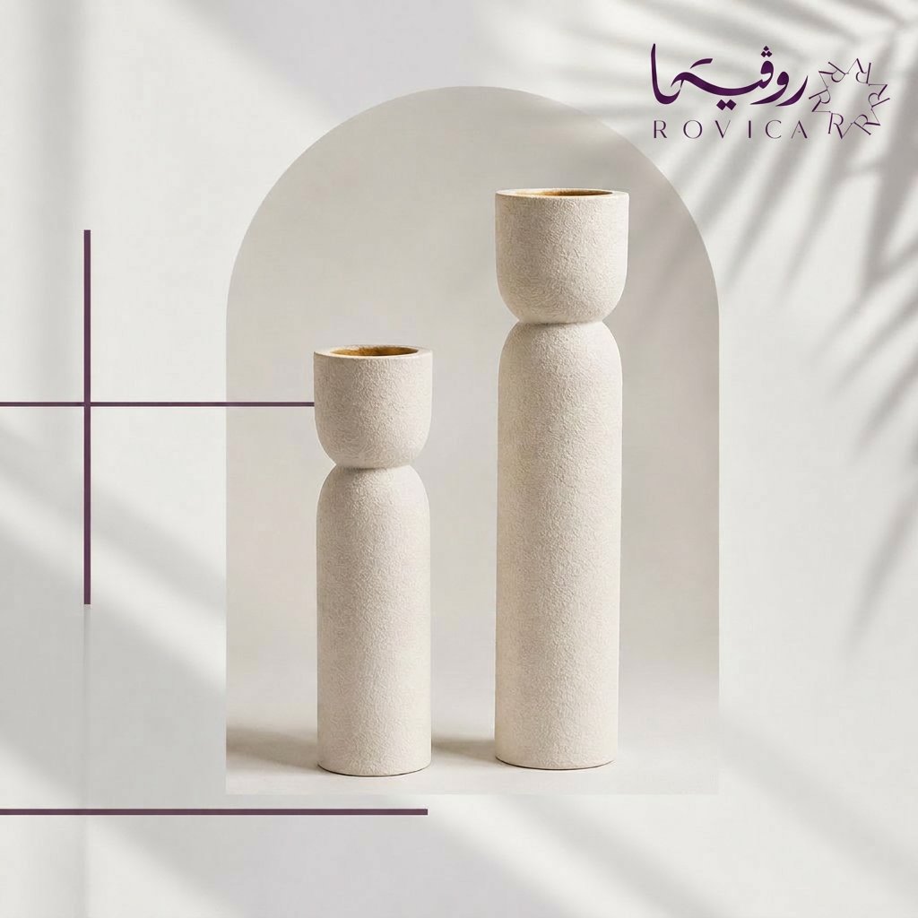 طقم مبخرتين مدخل طويلة وفاخرة من Rovica باللون الأبيض، تصميم عصري وأنيق.