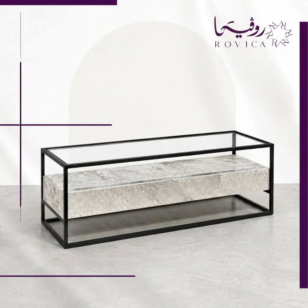 طاولة تلفزيون بديل رخام مع زجاج وإطار أسود كامل، خلفية بيضاء
