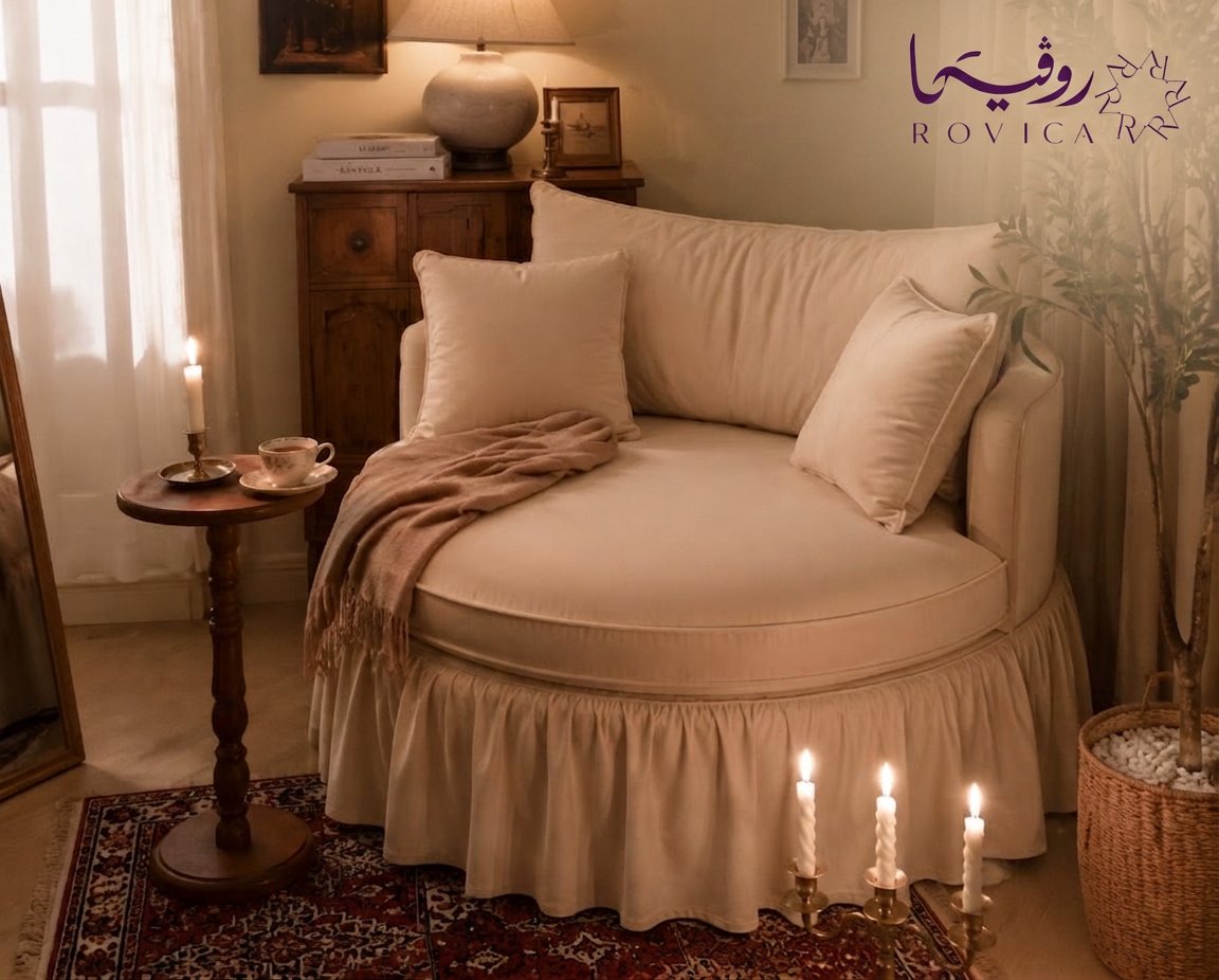 كنبة القمر من Rovica داخل غرفة معيشة بإضاءة طبيعية وديكور عصري.