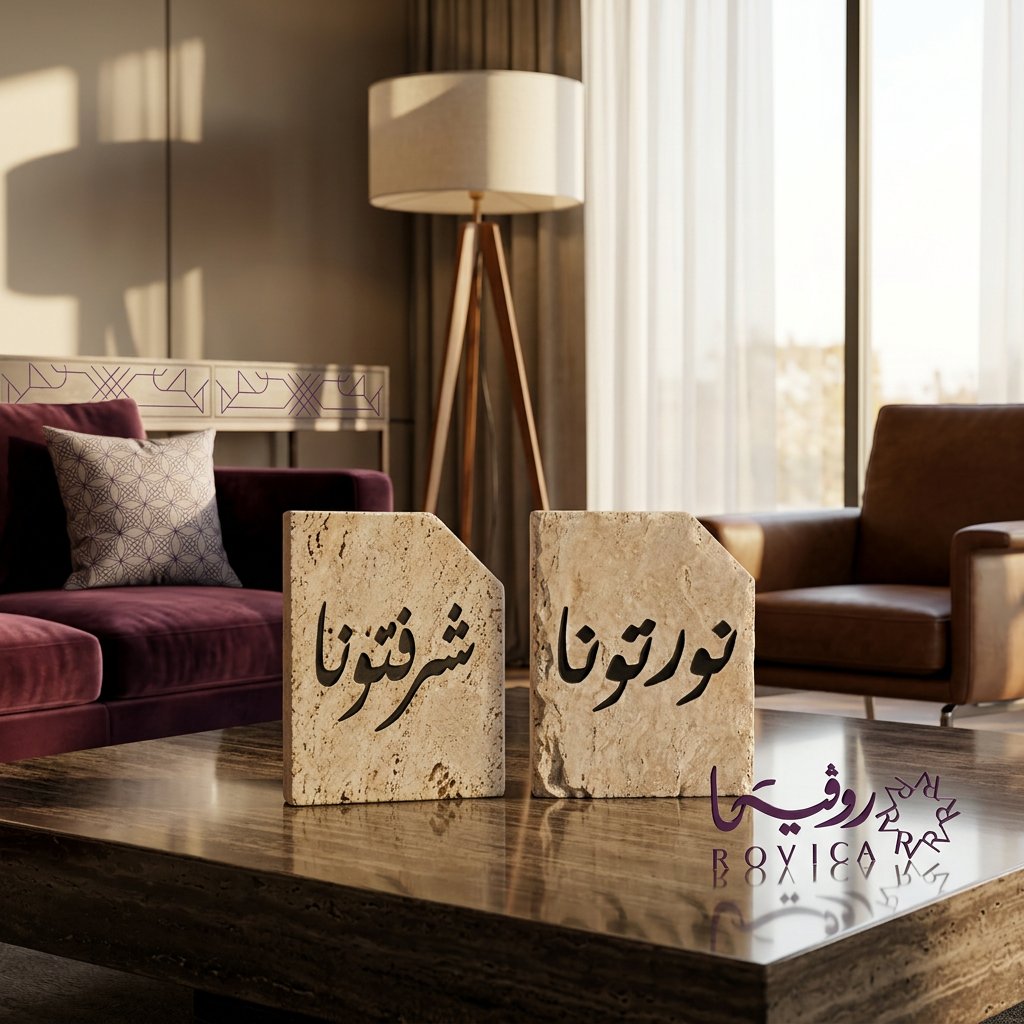 لوحة رخامية من رخام ترافنتينو مع عبارة محفورة 