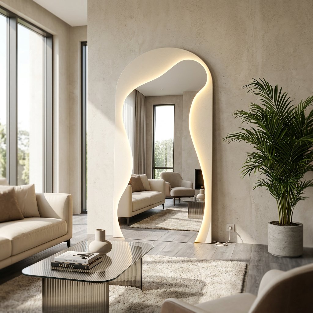 مرآة LED مع إضاءة عصري وأنيق مستخدمة في غرفة حقيقية مع ديكور