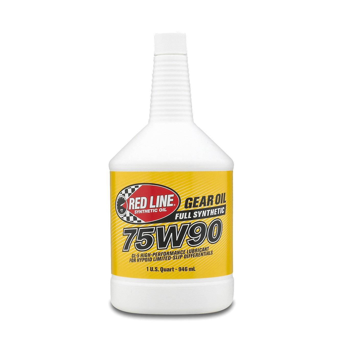 A white bottle with an extended neck containing Red Line High Performance Full Synthetic 75W90 API GL-5 Gear Oil 946ml
