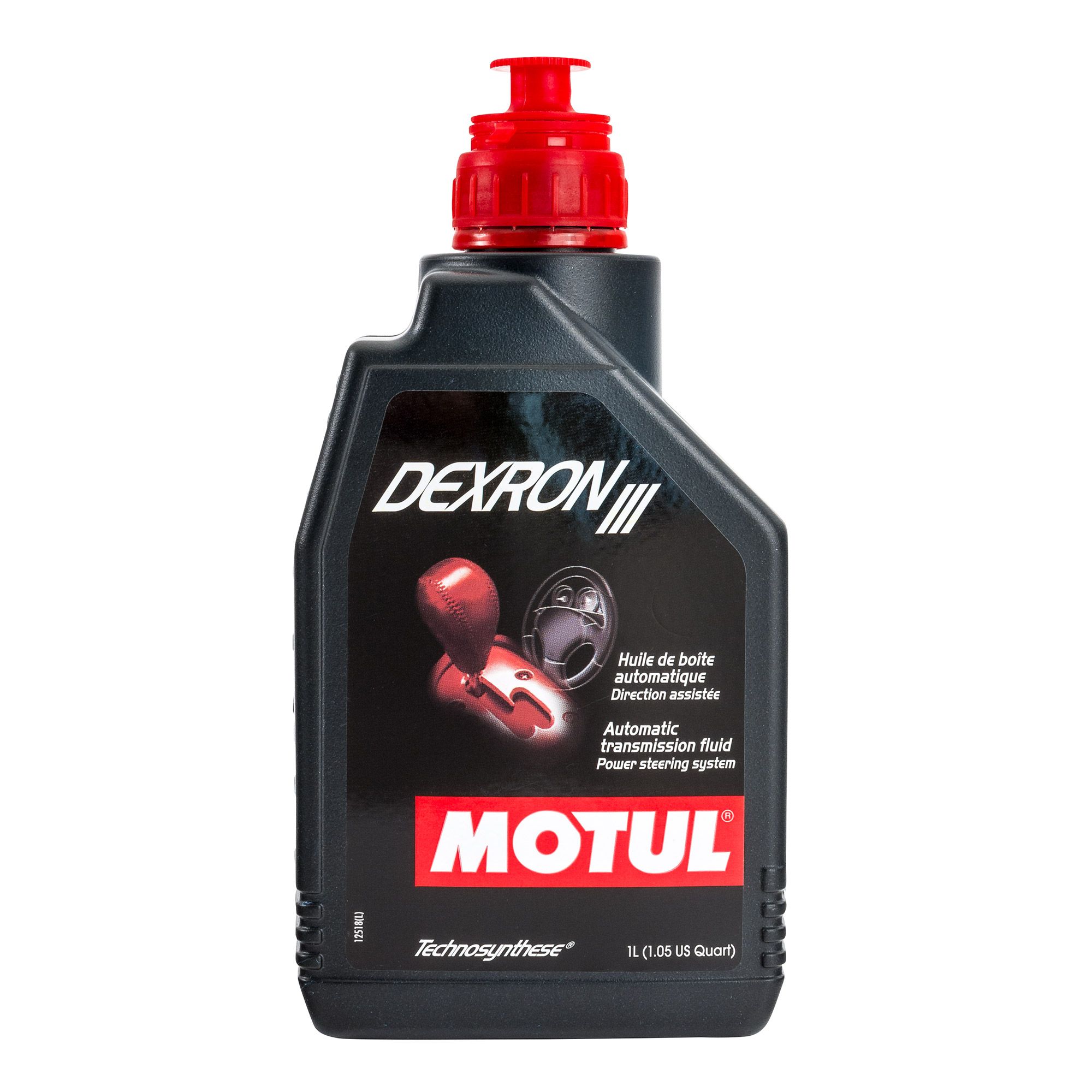 عبوة سوداء لزيت موتول ديكسرون III (Motul Dexron III) مع غطاء أحمر مدمج لسهولة الصب.