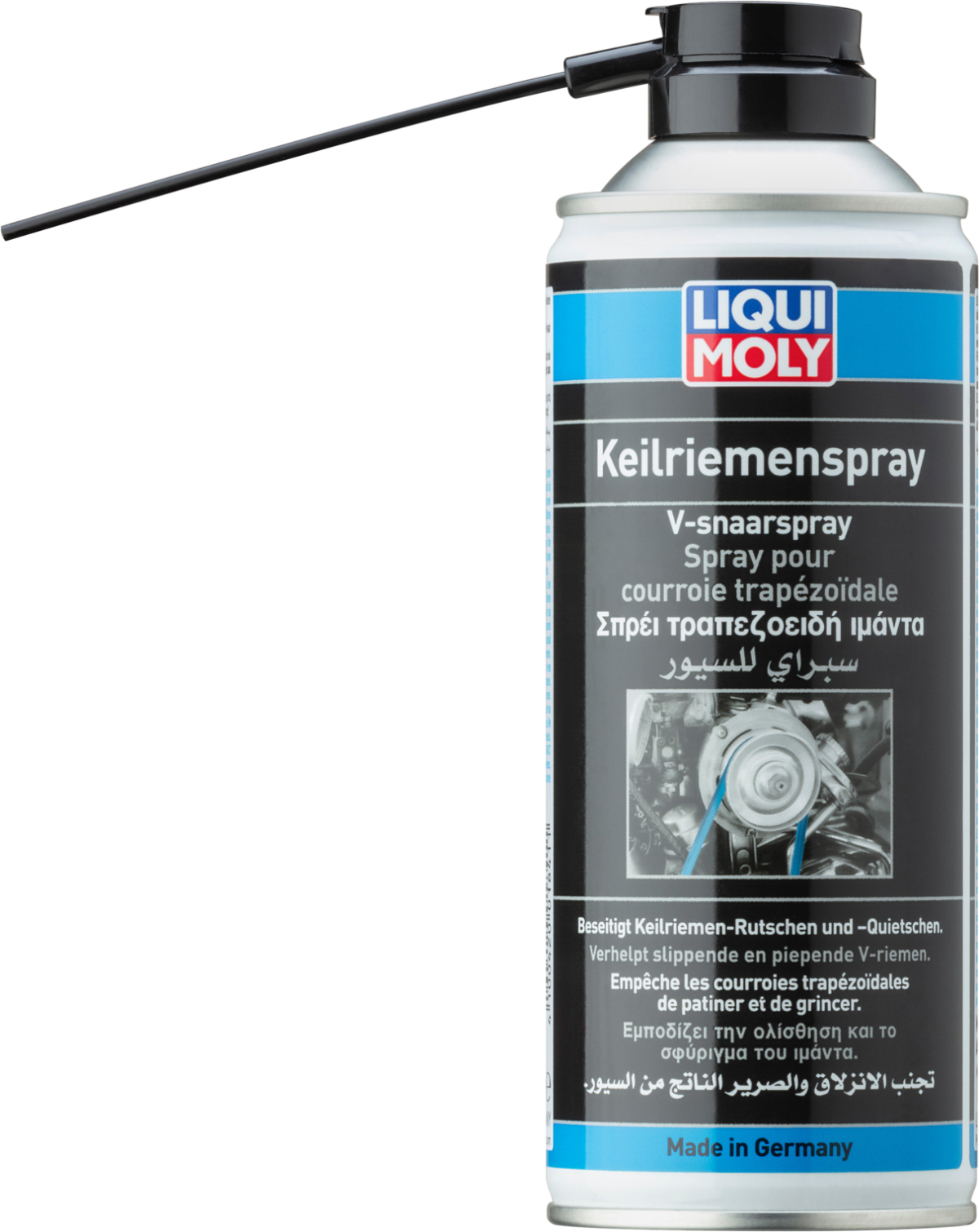 A 400mL aerosol can of Liqui Moly V-Belt anti-slip and squeak cleaner spray