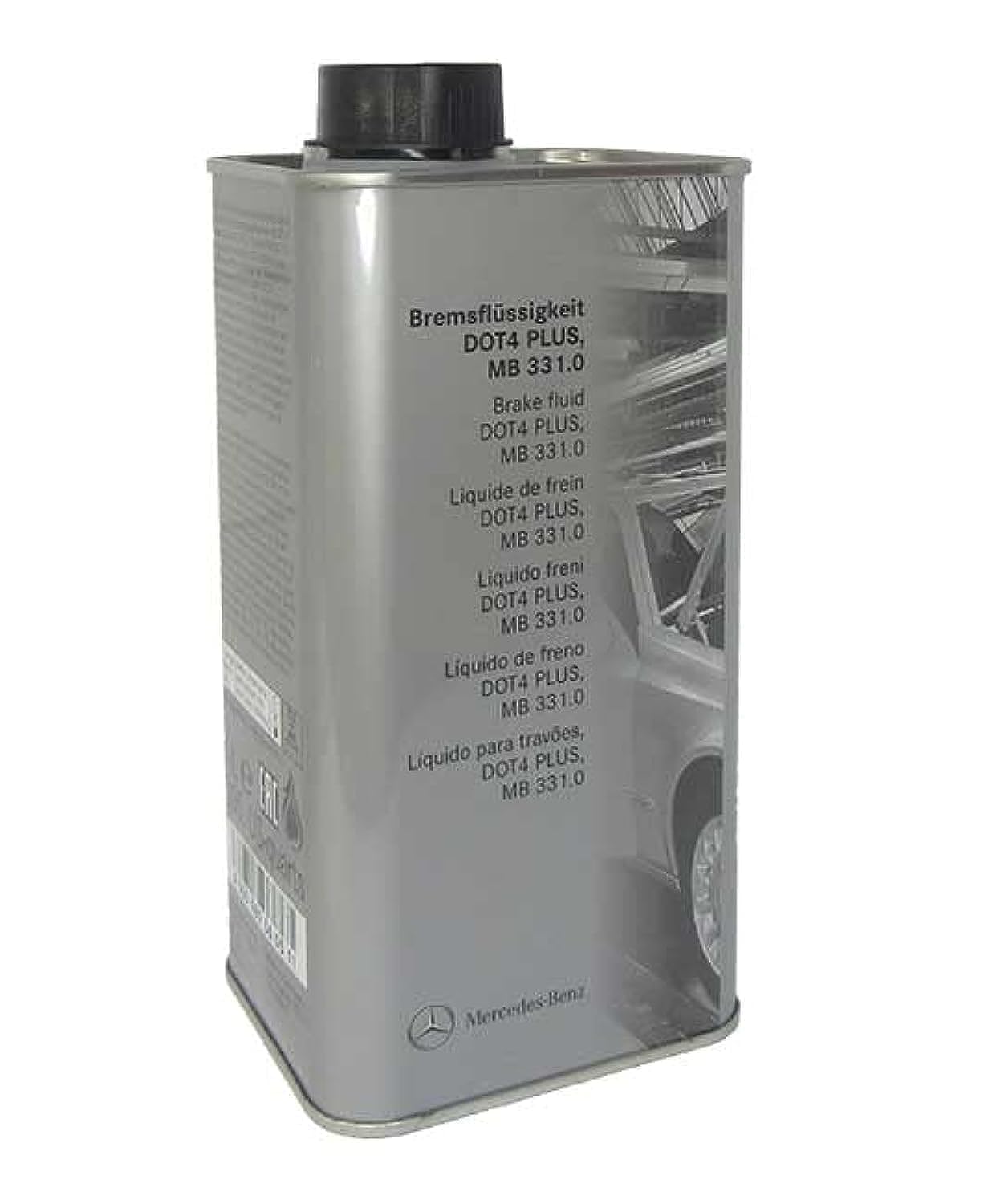 A 1-liter rectangular silver metal can of genuine Mercedes-Benz Brake Fluid DOT 4