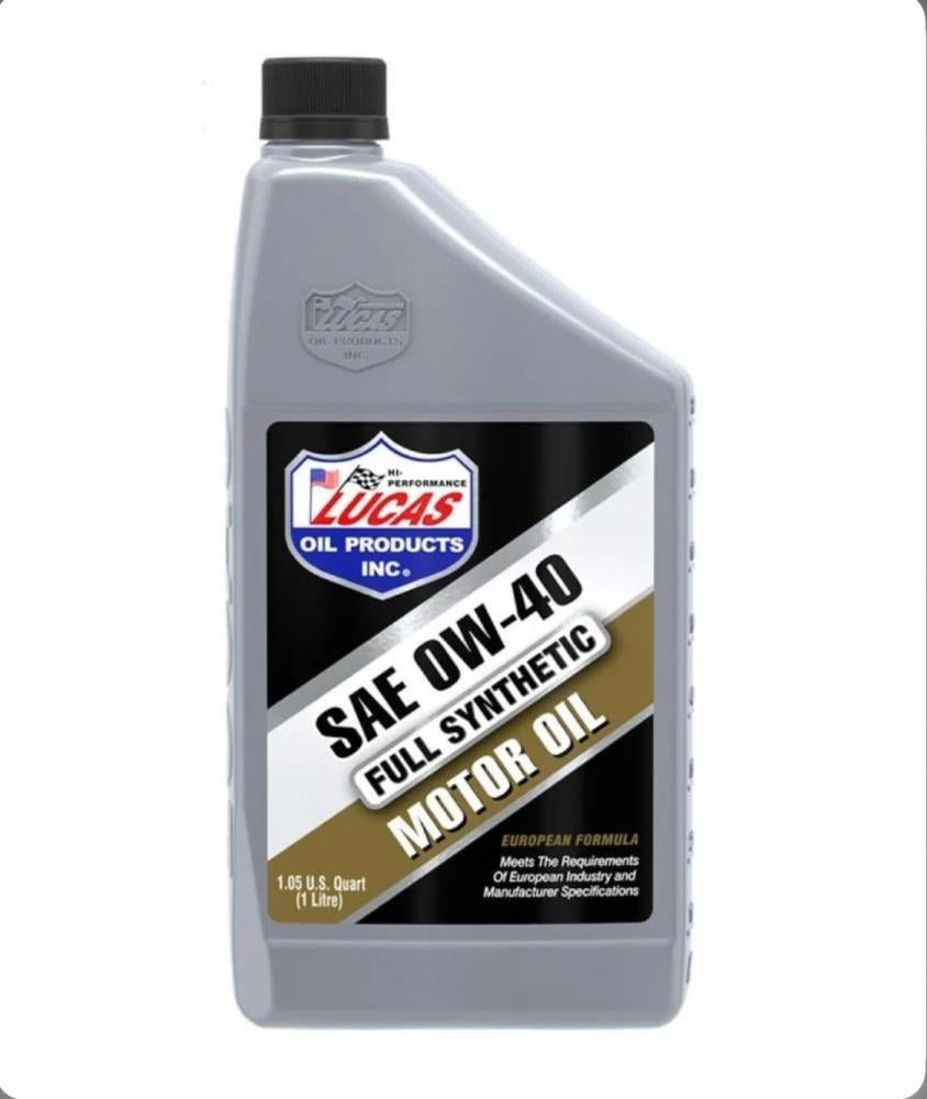 A single dark grey bottle of Lucas 0W-40 Full Synthetic motor oil 946ml