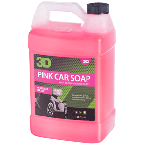 A 1 Gallon (3.78L) pink plastic jug of 3D Pink Car Soap 202 with a black cap