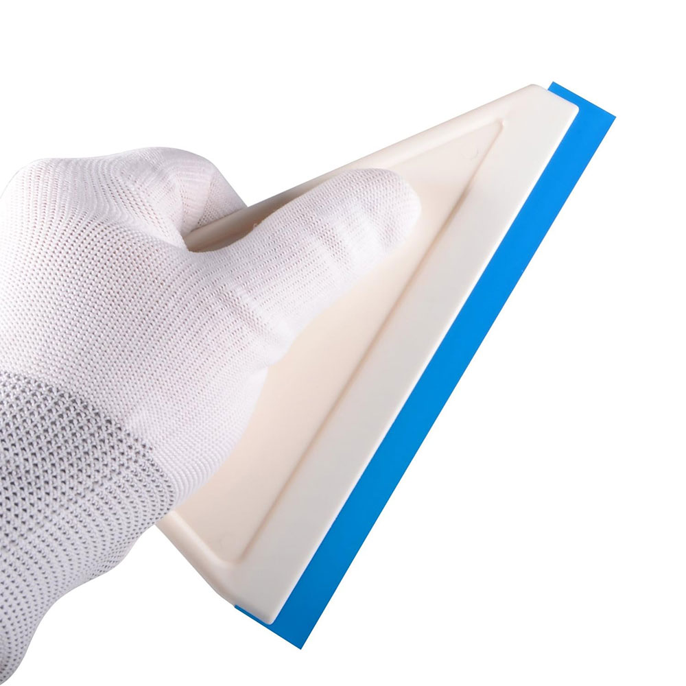 A white rubber squeegee with a flexible blue bottom blade dedicated to car tinting and vinyl installation