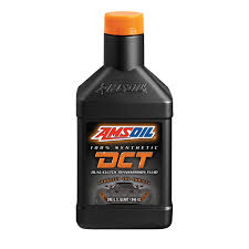 Black bottle of AMSOIL Synthetic DCT transmission fluid with an orange cap