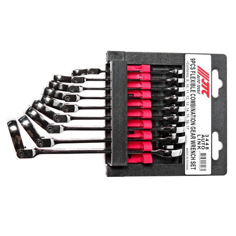 JTC 9-piece flexible combination gear wrench set sorted sequentially in a black and red organizer caddy.
