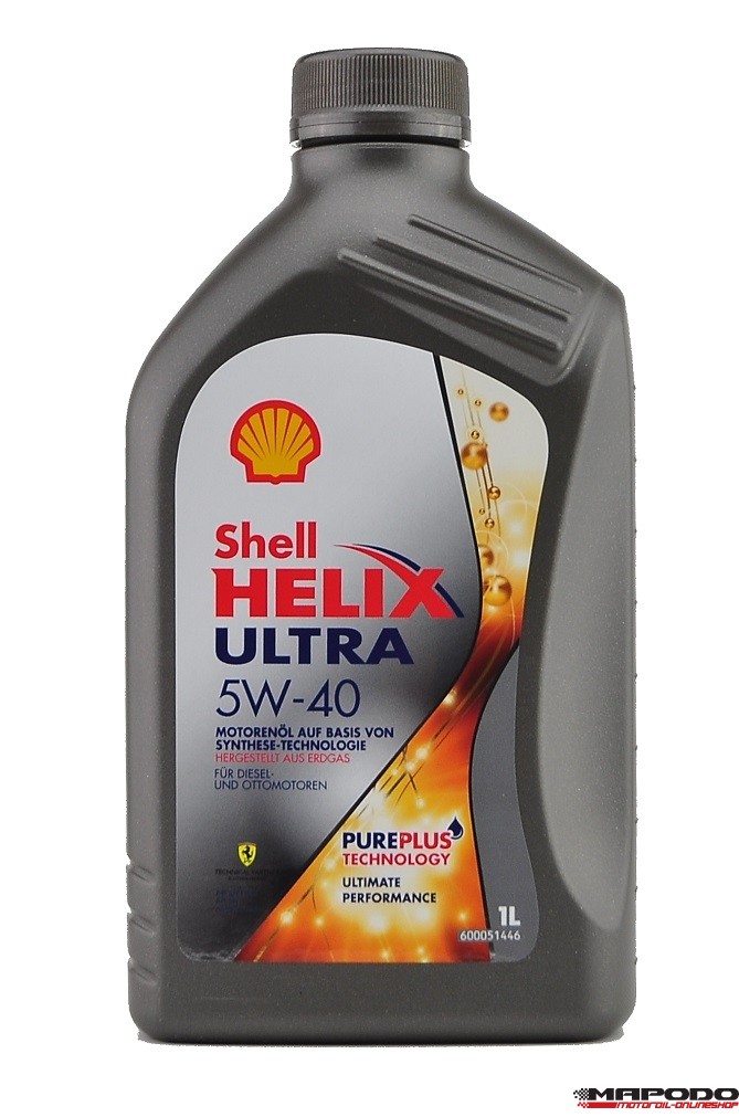 A gray 1-liter bottle of Shell Helix Ultra 5W-40 SP Full Synthetic motor oil