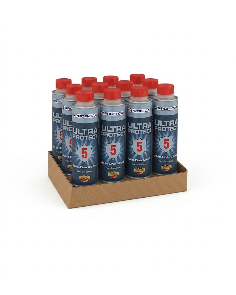 carton holding 12 silver cans with red caps of PROFI-CAR Ultra Protect 5 All-in-One Additive 250mL