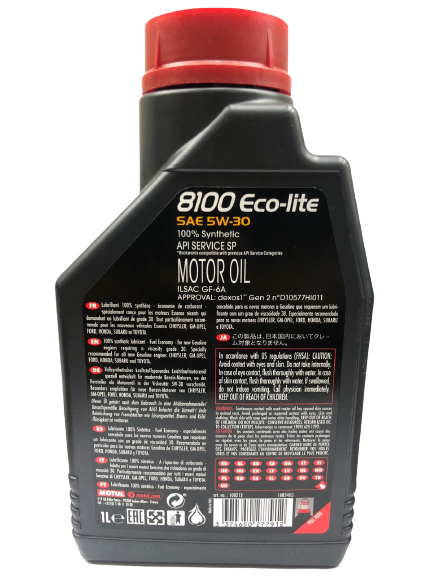 A black 1-liter container of Motul 8100 Eco-lite 5W-30 dexos1 Gen3 100% Full Synthetic motor oil