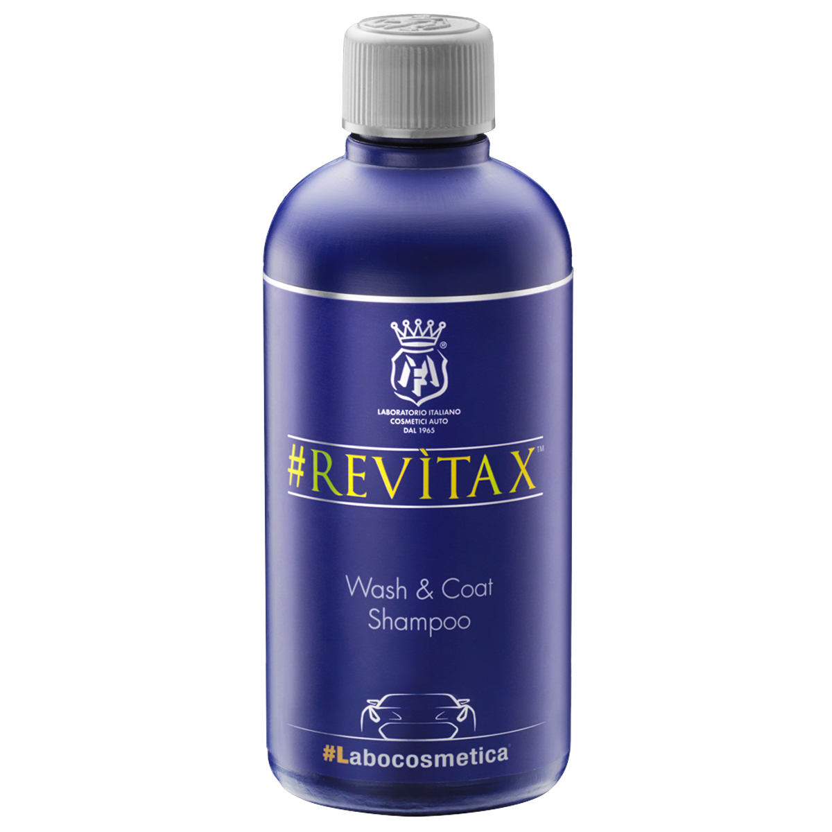 A 500ml dark blue round bottle of Revitàx Wash & Coat Shampoo from Labocosmetica by Mafra.