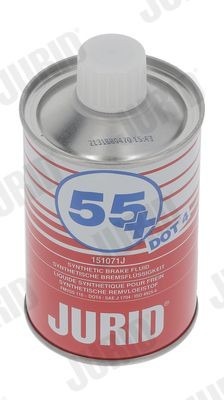 A red and white cylindrical metal can of JURID 55+ DOT4 Synthetic Brake Fluid 245ml