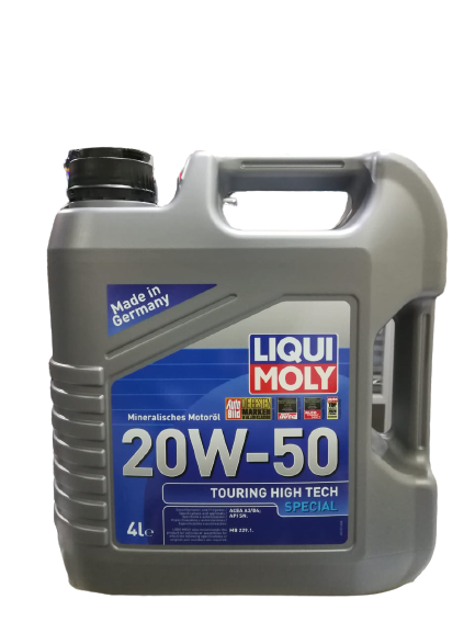 A grey 4-liter plastic jug of Liqui Moly Touring High Tech Special 20W-50 motor oil