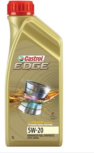 Front view of a genuine 1-liter gold plastic bottle of Castrol EDGE 5W-20 fully synthetic motor oil on CarBoost store.